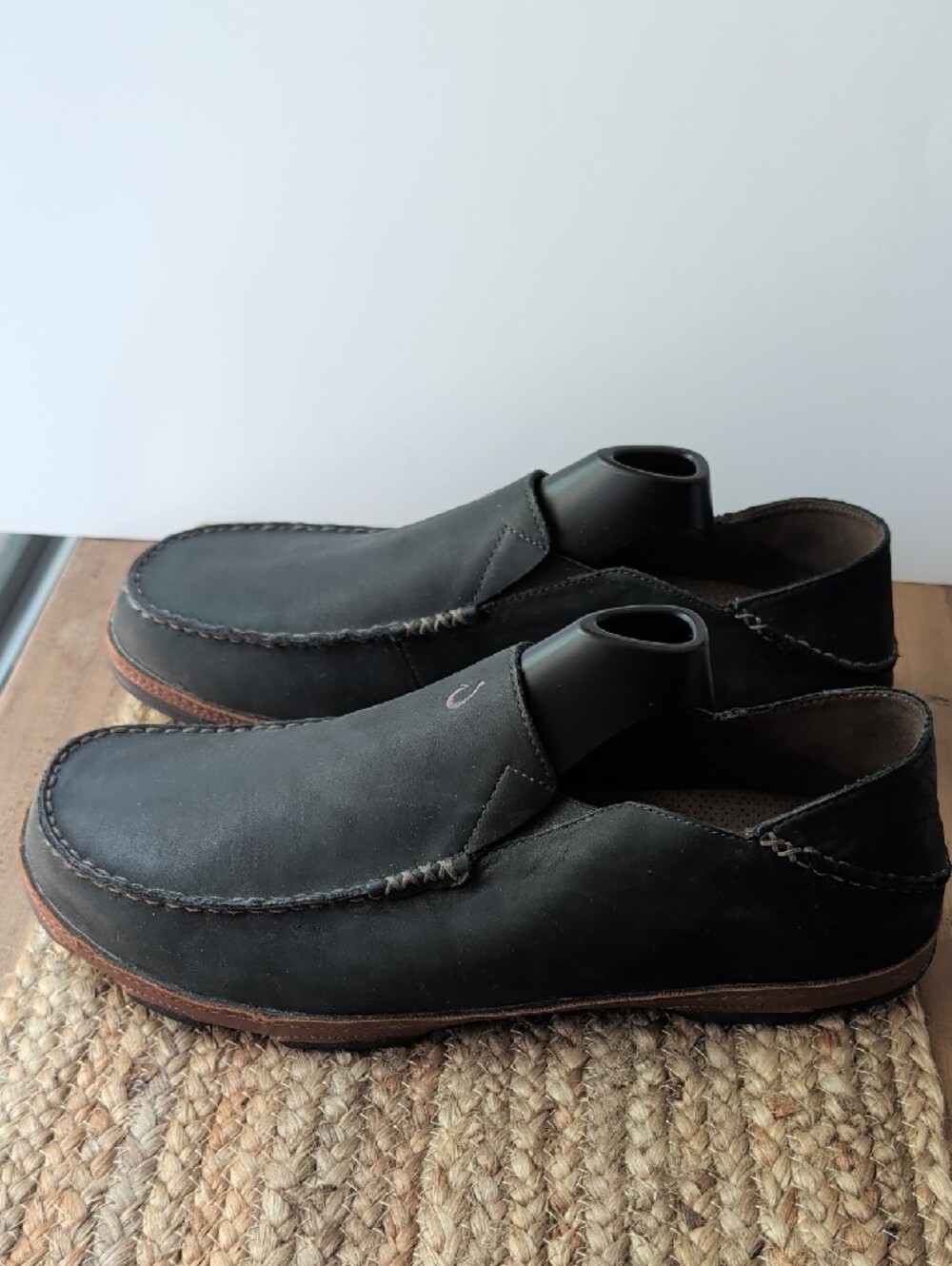 OluKai Men's Black Moloa Leather Slip-On Loafers - Picture 3 of 12